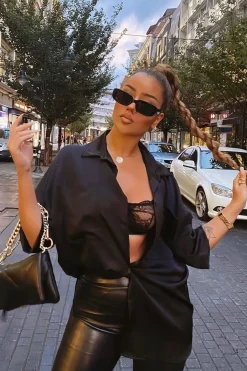 Rebellious Fashion Black Oversized Satin Shirt - Carine