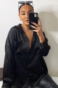 Rebellious Fashion Black Oversized Satin Shirt - Carine