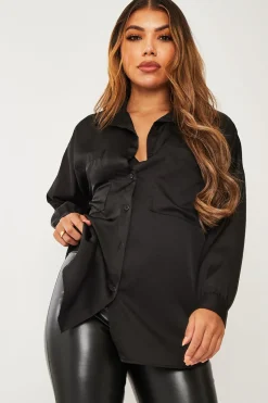Rebellious Fashion Black Oversized Satin Shirt - Carine