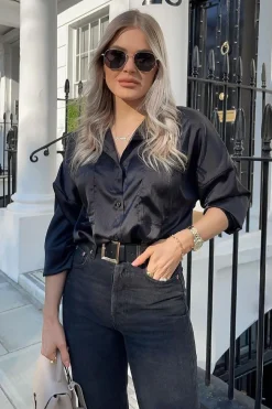 Rebellious Fashion Black Oversized Satin Shirt - Carine