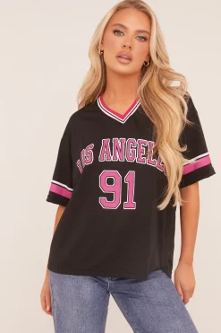 Rebellious Fashion Black Oversized Varsity Football T-shirt - Austin