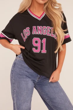 Rebellious Fashion Black Oversized Varsity Football T-shirt - Austin