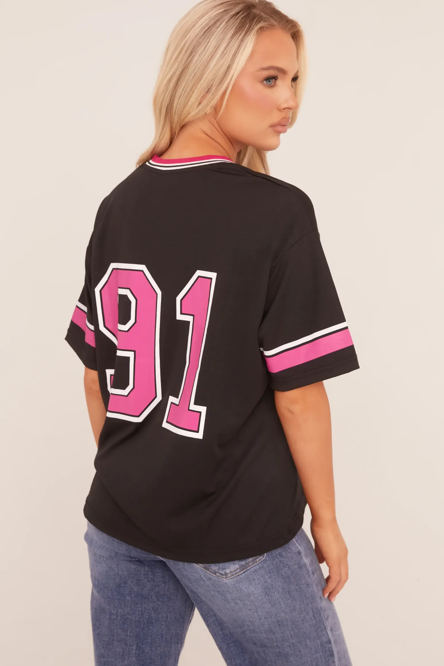 Rebellious Fashion Black Oversized Varsity Football T-shirt - Austin