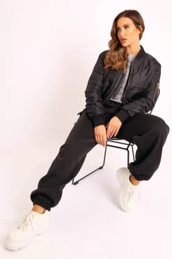 Rebellious Fashion Black Padded Bomber Jacket - Chelsy