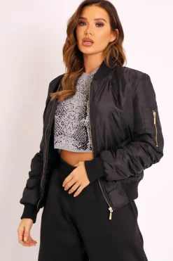 Rebellious Fashion Black Padded Bomber Jacket - Chelsy
