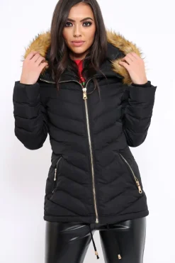 Rebellious Fashion Black Padded Coat With Faux Fur Trim Hood - Jocelyn