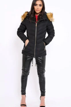 Rebellious Fashion Black Padded Coat With Faux Fur Trim Hood - Jocelyn