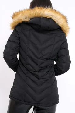 Rebellious Fashion Black Padded Coat With Faux Fur Trim Hood - Jocelyn