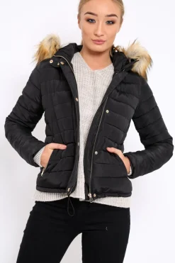 Rebellious Fashion Black Padded Coat with Fur Trim Hood - Helena