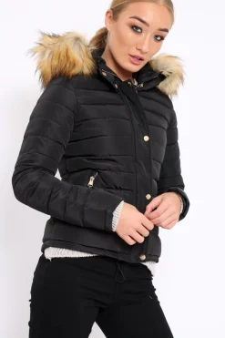 Rebellious Fashion Black Padded Coat with Fur Trim Hood - Helena