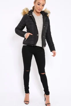 Rebellious Fashion Black Padded Coat with Fur Trim Hood - Helena