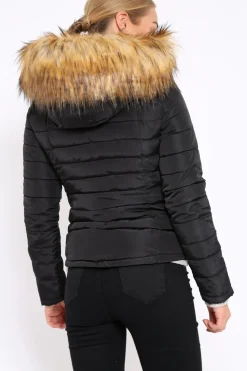 Rebellious Fashion Black Padded Coat with Fur Trim Hood - Helena