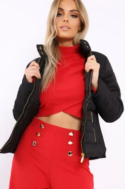 Rebellious Fashion Black Padded Coat with Side Panel Detail - Tallula