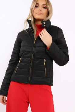 Rebellious Fashion Black Padded Coat with Side Panel Detail - Tallula