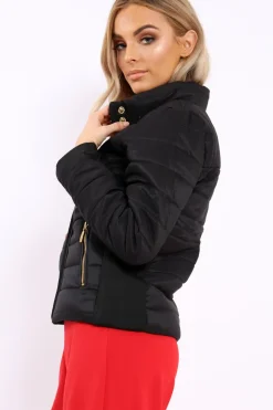 Rebellious Fashion Black Padded Coat with Side Panel Detail - Tallula