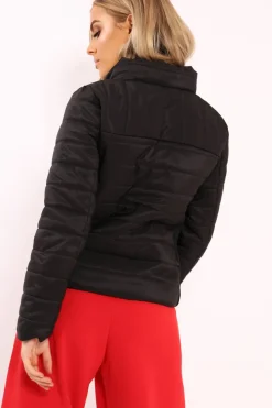 Rebellious Fashion Black Padded Coat with Side Panel Detail - Tallula