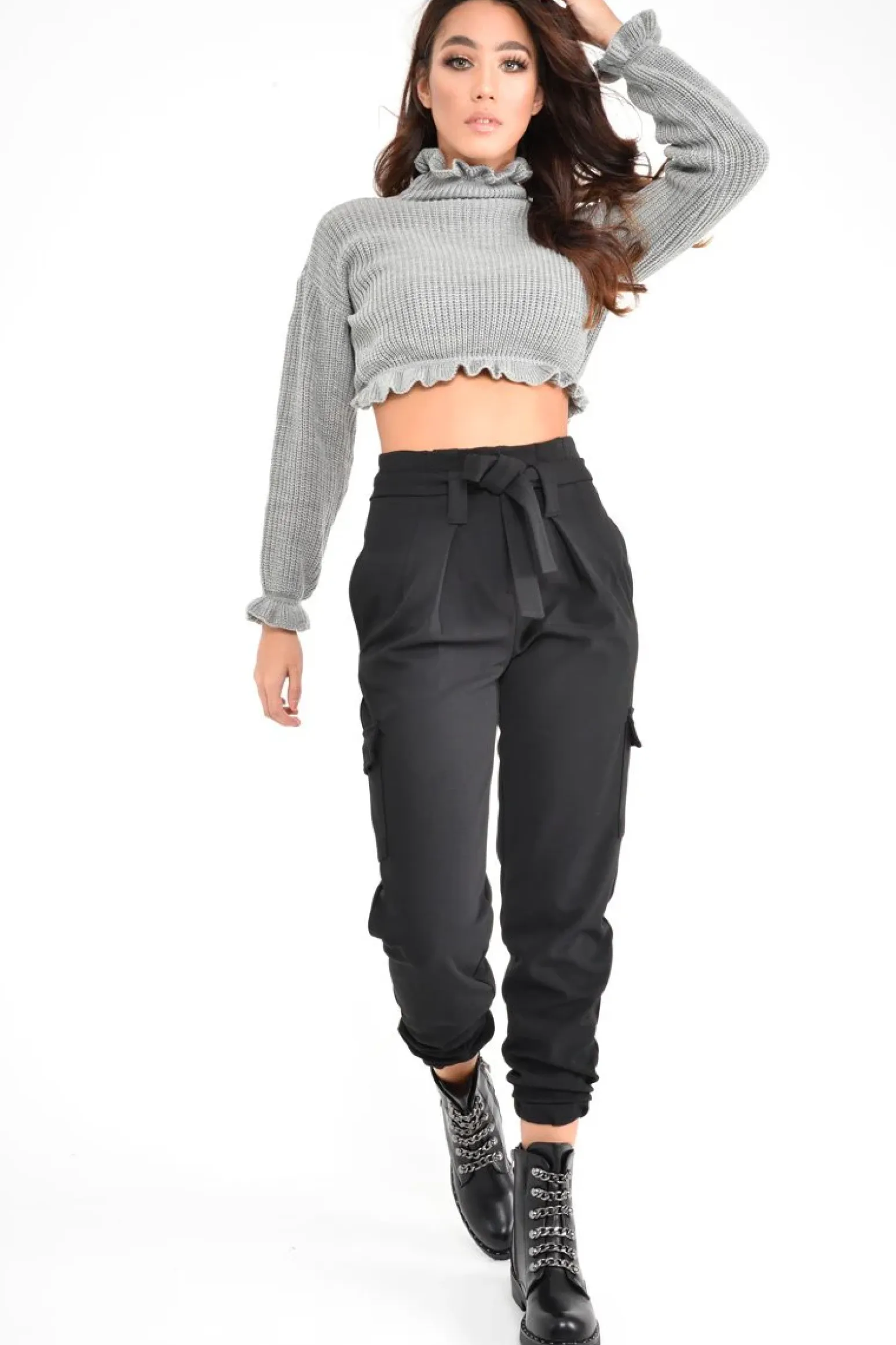 Rebellious Fashion Black Paper Bag Cargo Pocket Trousers - Brette
