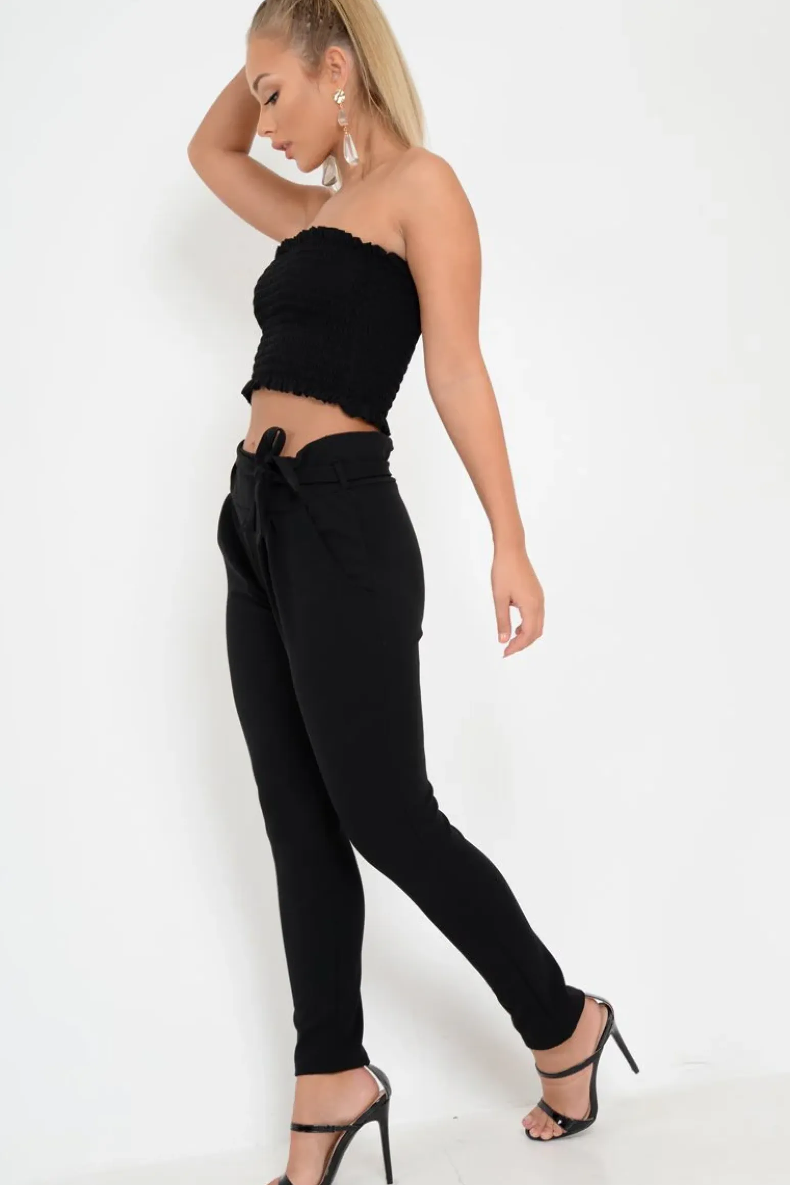 Rebellious Fashion Black Paper Bag Tie Waist Cigarette Trousers - Karmen