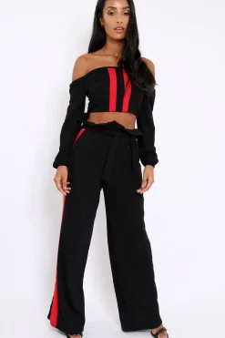 Rebellious Fashion Black Paper Bag Tie Waist Wide Leg Trousers With Red Stripe - Kennedy