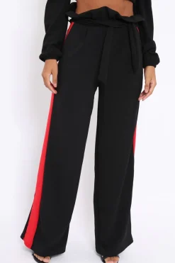 Rebellious Fashion Black Paper Bag Tie Waist Wide Leg Trousers With Red Stripe - Kennedy