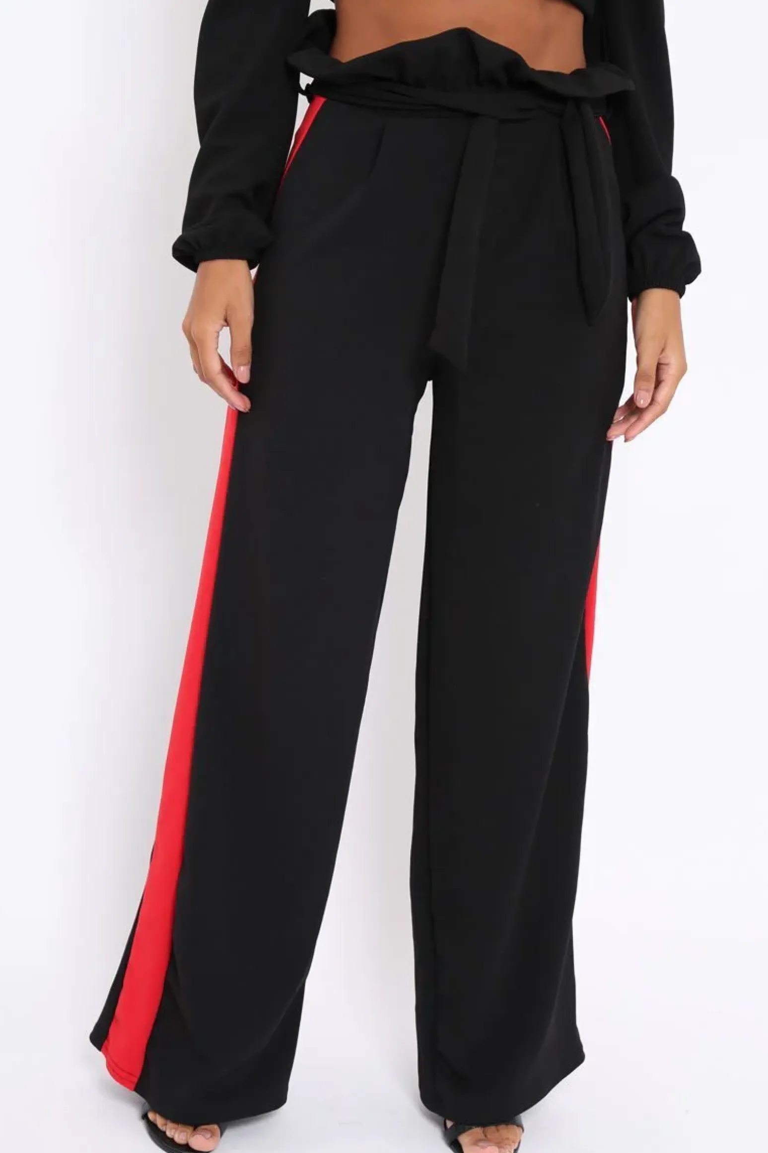 Rebellious Fashion Black Paper Bag Tie Waist Wide Leg Trousers With Red Stripe - Kennedy
