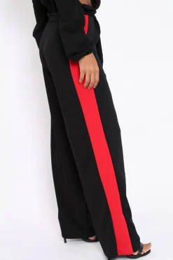 Rebellious Fashion Black Paper Bag Tie Waist Wide Leg Trousers With Red Stripe - Kennedy