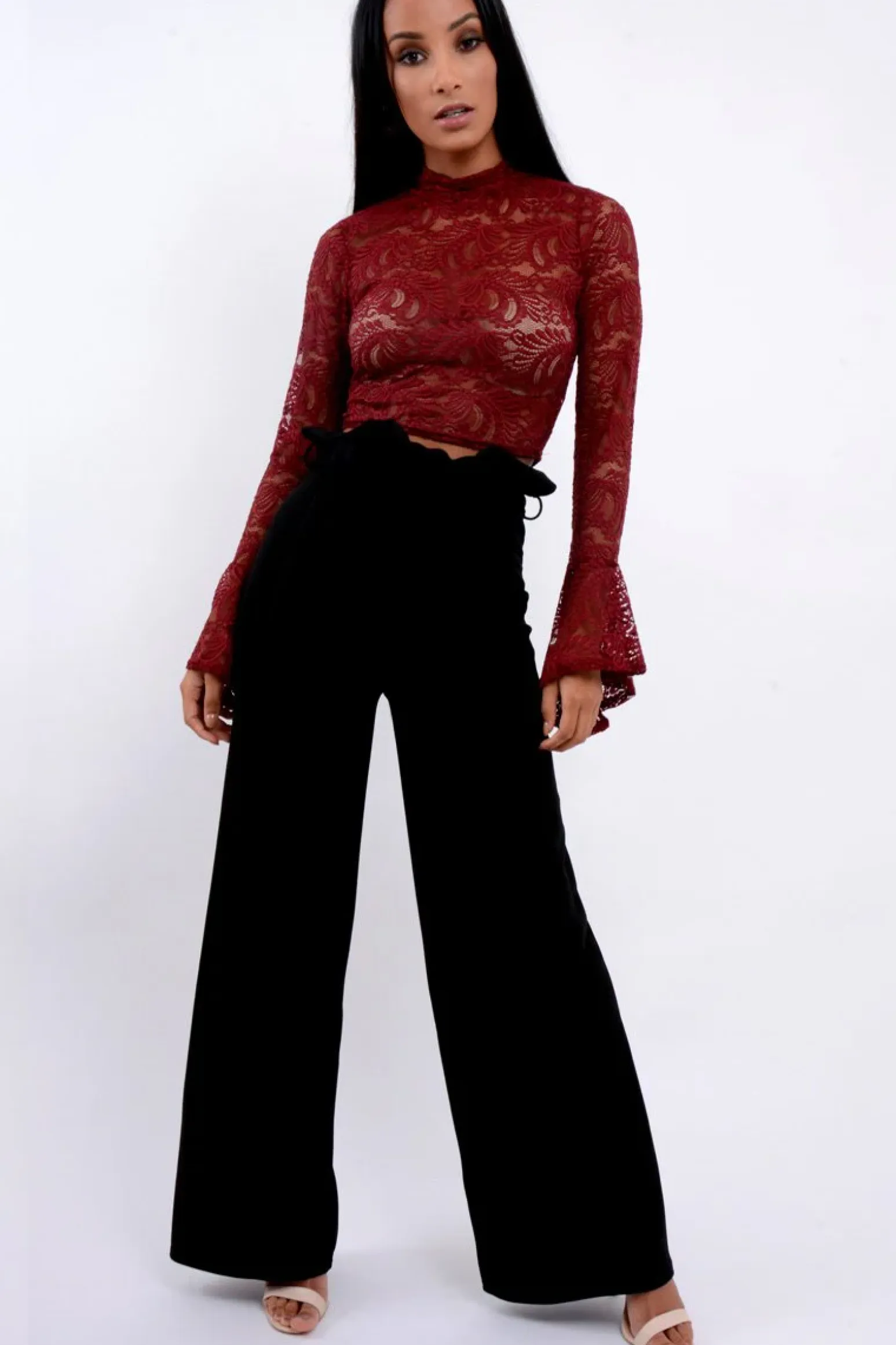 Rebellious Fashion Black Paper Bag Tie Waist Wide Leg Trousers - Kennedy