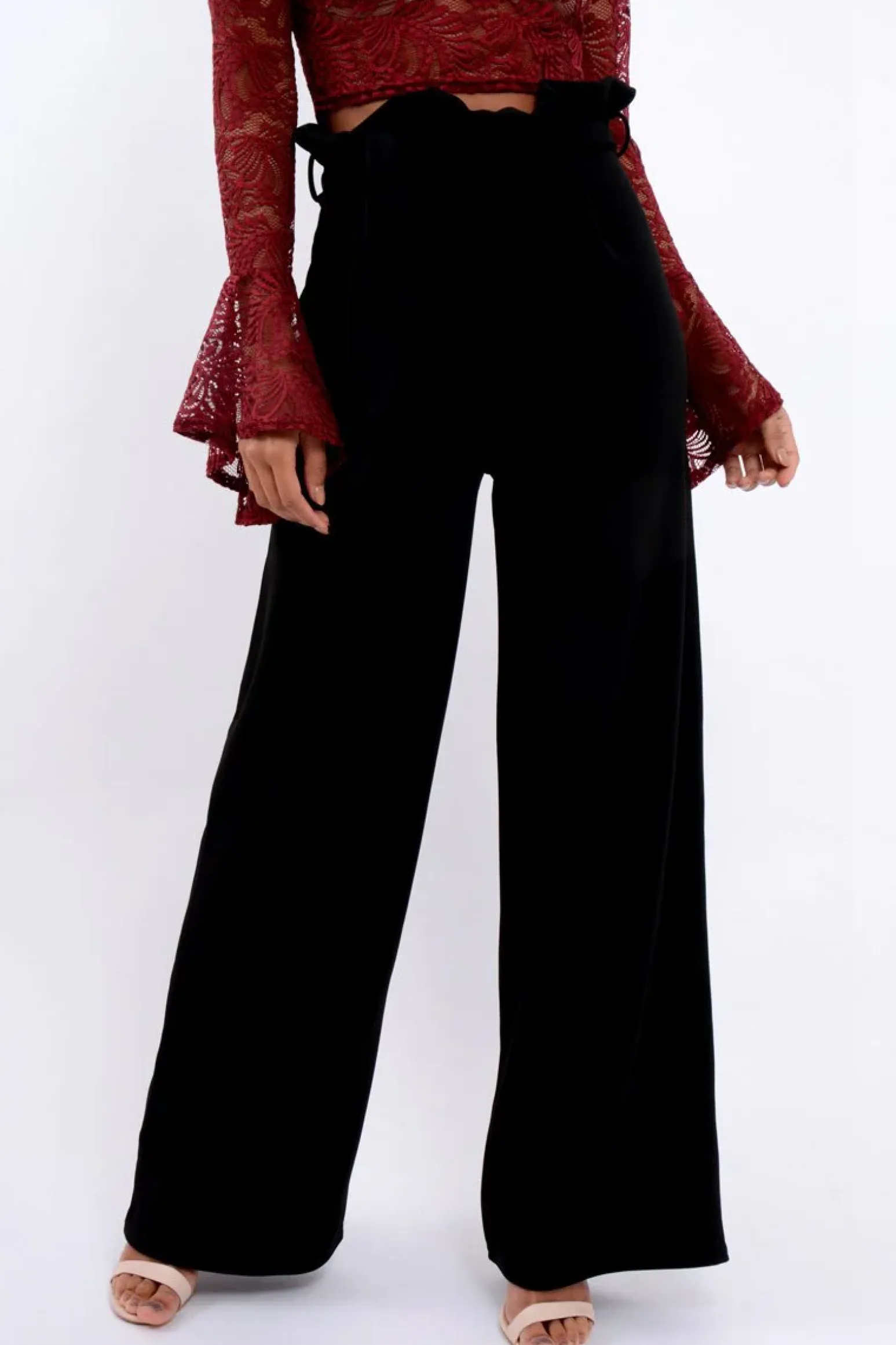 Rebellious Fashion Black Paper Bag Tie Waist Wide Leg Trousers - Kennedy