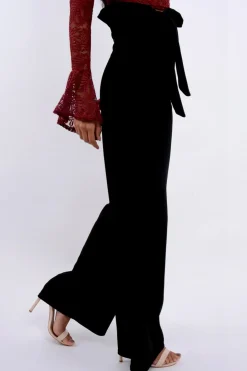 Rebellious Fashion Black Paper Bag Tie Waist Wide Leg Trousers - Kennedy