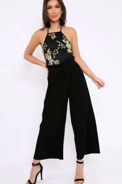 Rebellious Fashion Black Paper Bag Waist Wide Legged Pleated Trousers - Louise