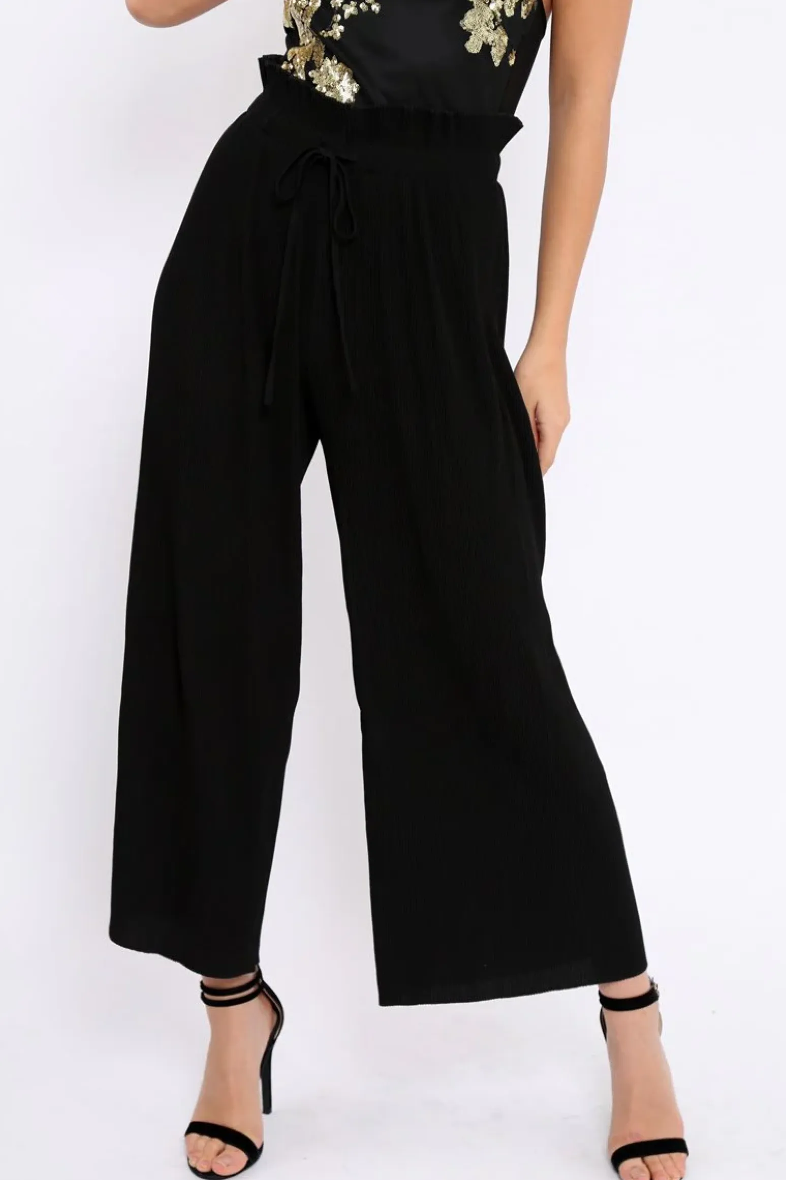 Rebellious Fashion Black Paper Bag Waist Wide Legged Pleated Trousers - Louise