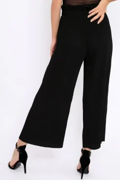Rebellious Fashion Black Paper Bag Waist Wide Legged Pleated Trousers - Louise