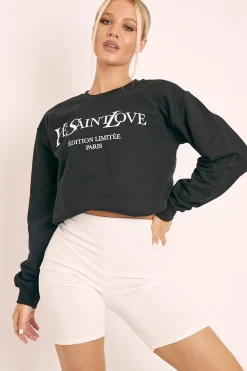 Rebellious Fashion Black Parisian Slogan Front Oversized Sweatshirt - Tamy