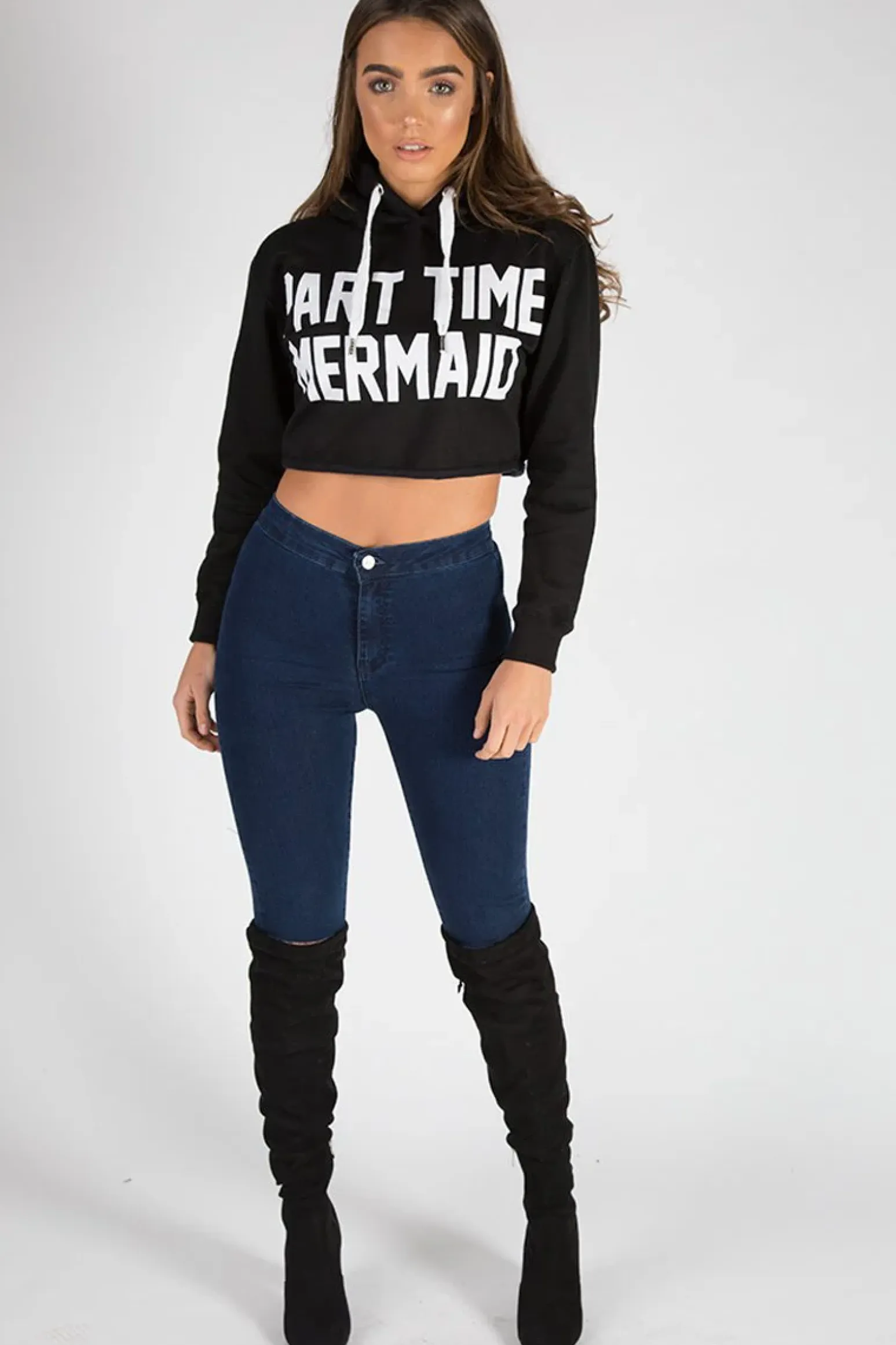 Rebellious Fashion Black Part Time Mermaid Slogan Cropped Hoodie - Lora