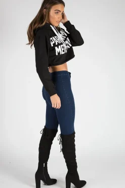 Rebellious Fashion Black Part Time Mermaid Slogan Cropped Hoodie - Lora