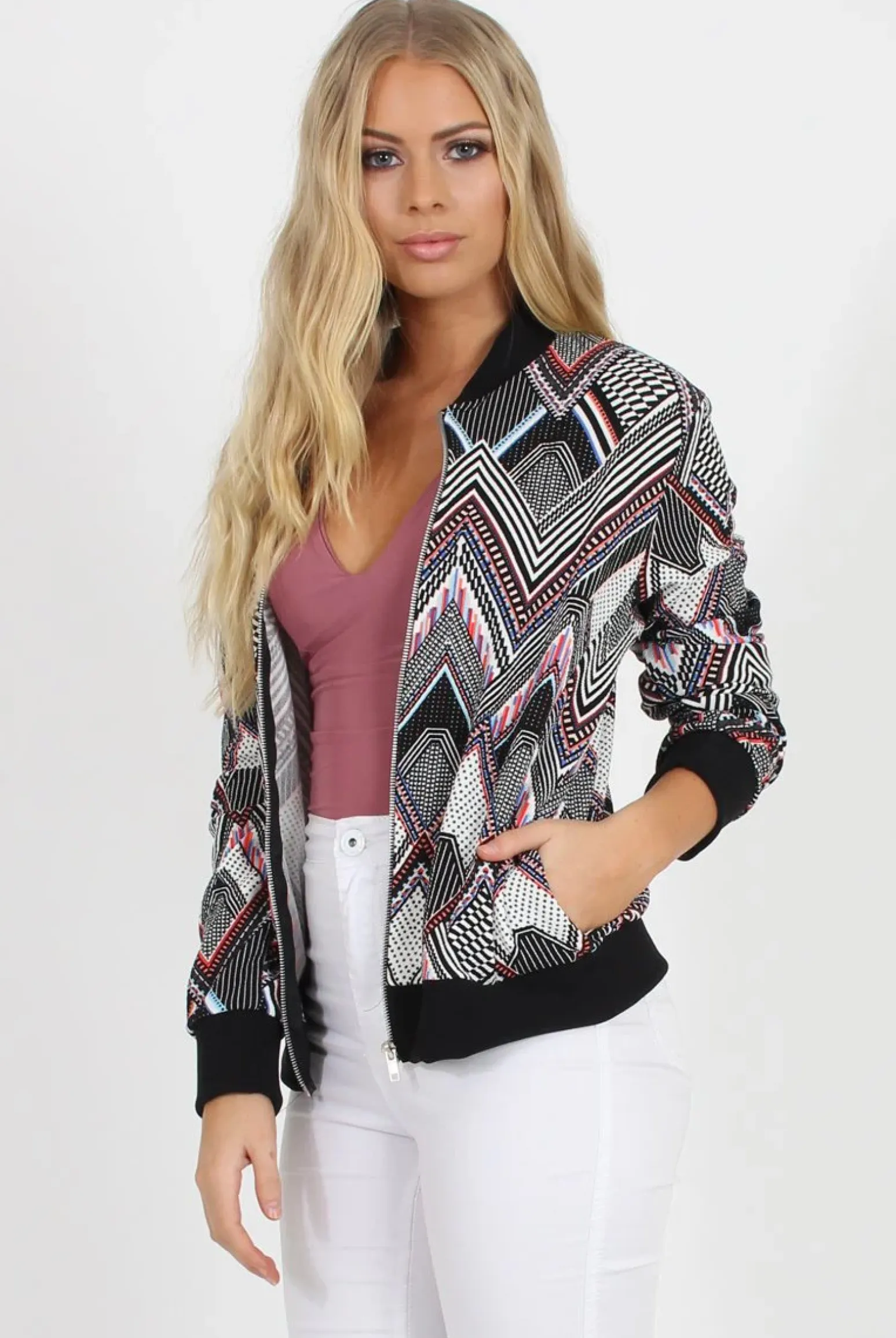 Rebellious Fashion Black Patterned Bomber Jacket - Bianca