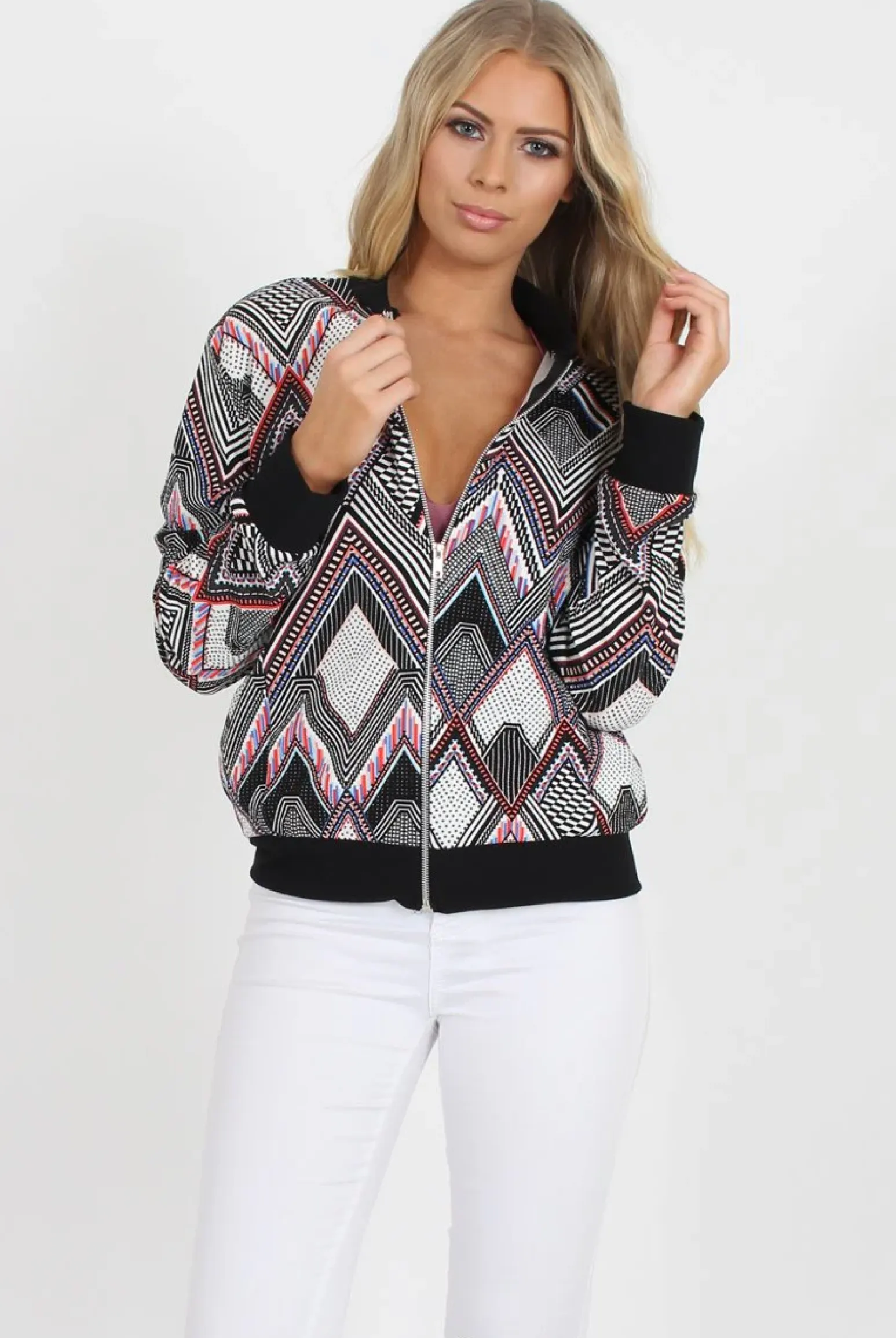 Rebellious Fashion Black Patterned Bomber Jacket - Bianca