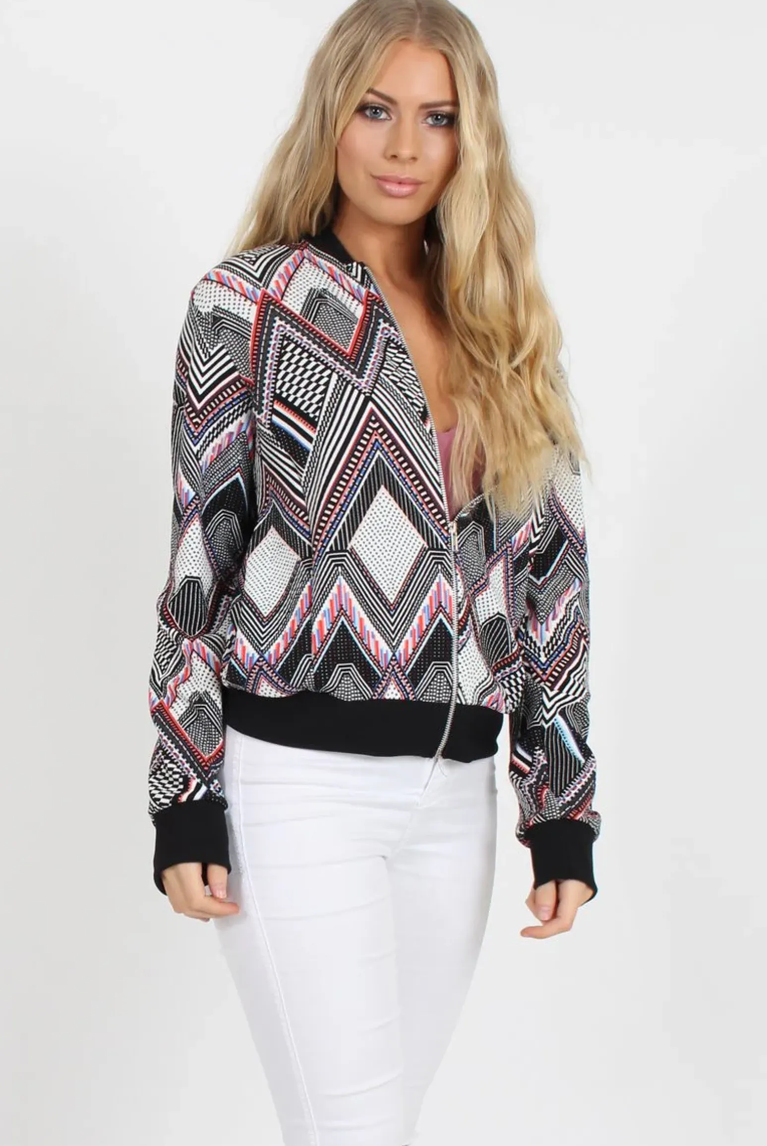 Rebellious Fashion Black Patterned Bomber Jacket - Bianca