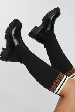 Rebellious Fashion Black Patterned Knee High Knitted PU Faux Leather Boots - Ada
