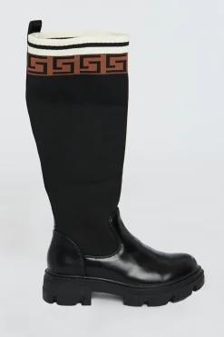 Rebellious Fashion Black Patterned Knee High Knitted PU Faux Leather Boots - Ada