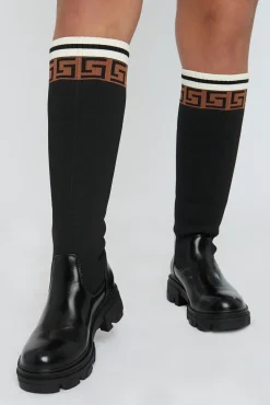 Rebellious Fashion Black Patterned Knee High Knitted PU Faux Leather Boots - Ada