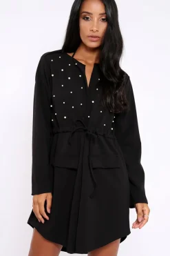 Rebellious Fashion Black Pearl Detail Slouchy Jacket - Kylie
