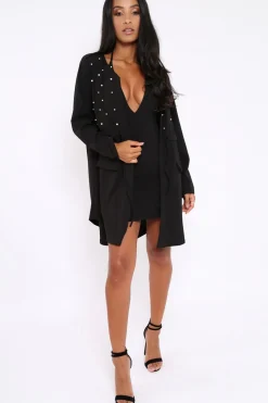 Rebellious Fashion Black Pearl Detail Slouchy Jacket - Kylie