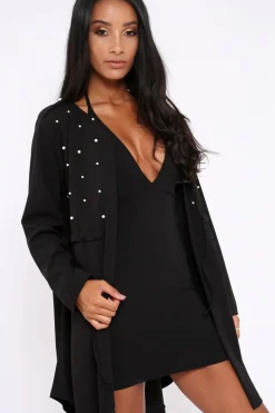 Rebellious Fashion Black Pearl Detail Slouchy Jacket - Kylie