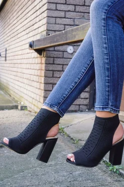 Rebellious Fashion Black Peep Toe Knitted Block Heel Sock Boots - Murielle