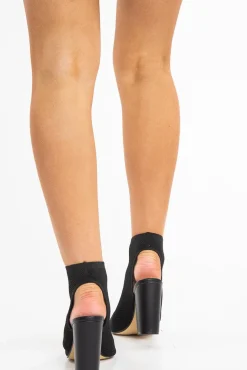 Rebellious Fashion Black Peep Toe Knitted Block Heel Sock Boots - Murielle