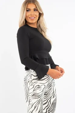Rebellious Fashion Black Peplum Frill Long Sleeve Top - Fari