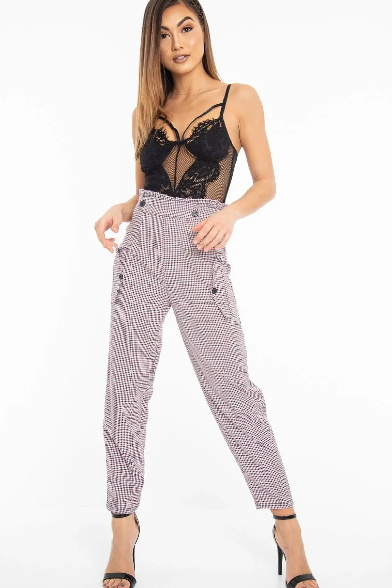 Rebellious Fashion Black Pink Check Frill Detail Trousers - Bristal