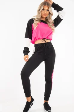 Rebellious Fashion Black Pink Colour Block Sweatshirt Tracksuit - Kazia