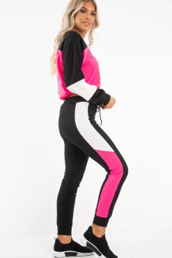 Rebellious Fashion Black Pink Colour Block Sweatshirt Tracksuit - Kazia
